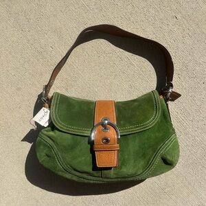 Rare Vintage Coach Green and Tan Suede Shoulder Bag